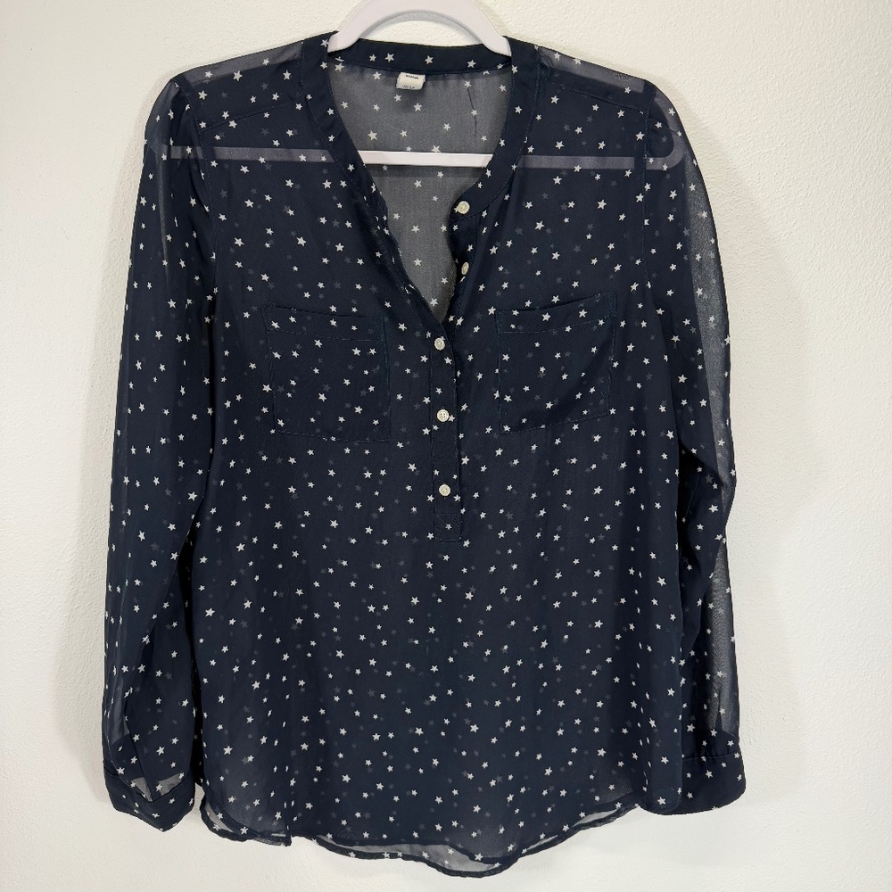 Old Navy Chic Sheer Long Sleeve Navy Blue White Stars Blouse‎ Size M Whimsygoth